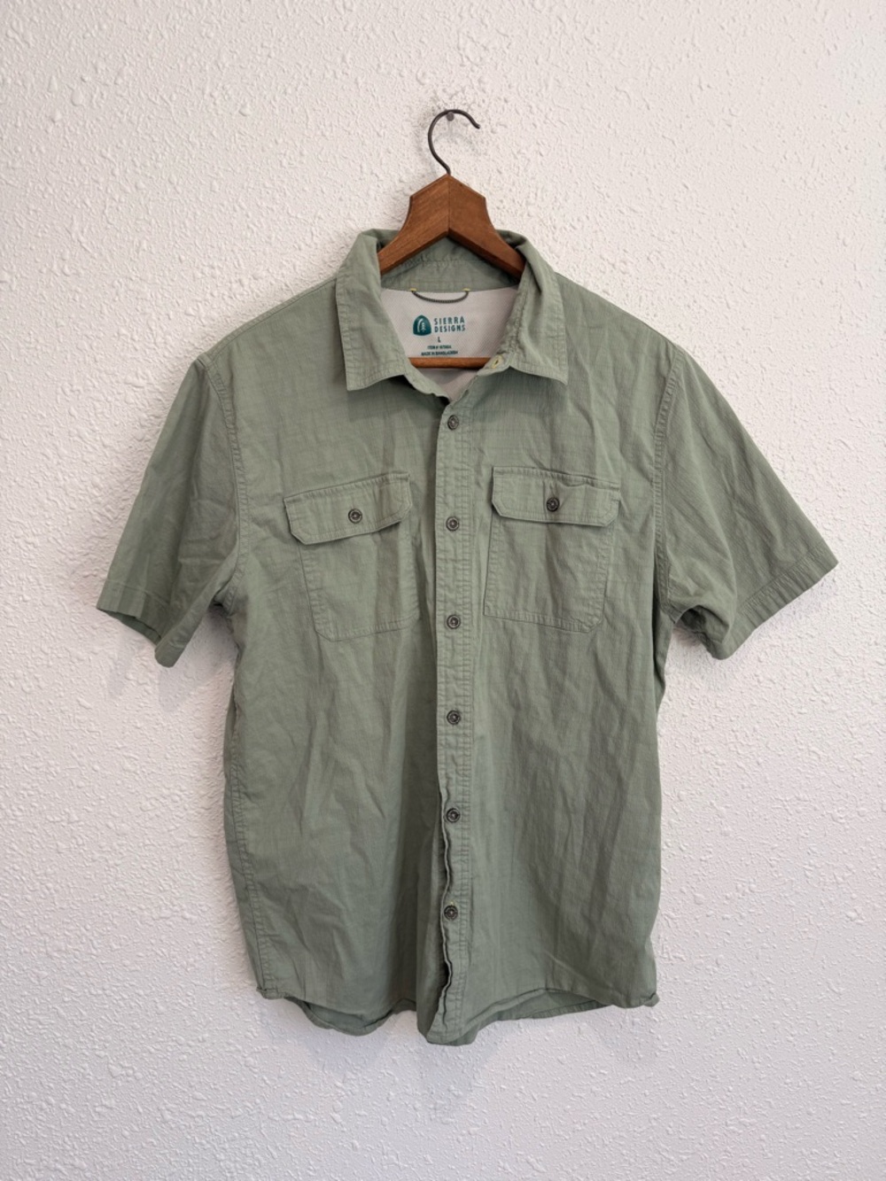Sierra Designs tech shirt green short sleeve button down mens L